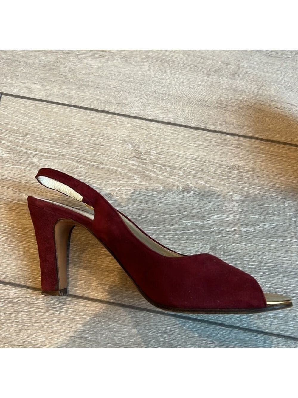 SAKS Fifth Avenue Burgundy Suede Peep Toe Slingback Heel Size 7 - Picture 12 of 12